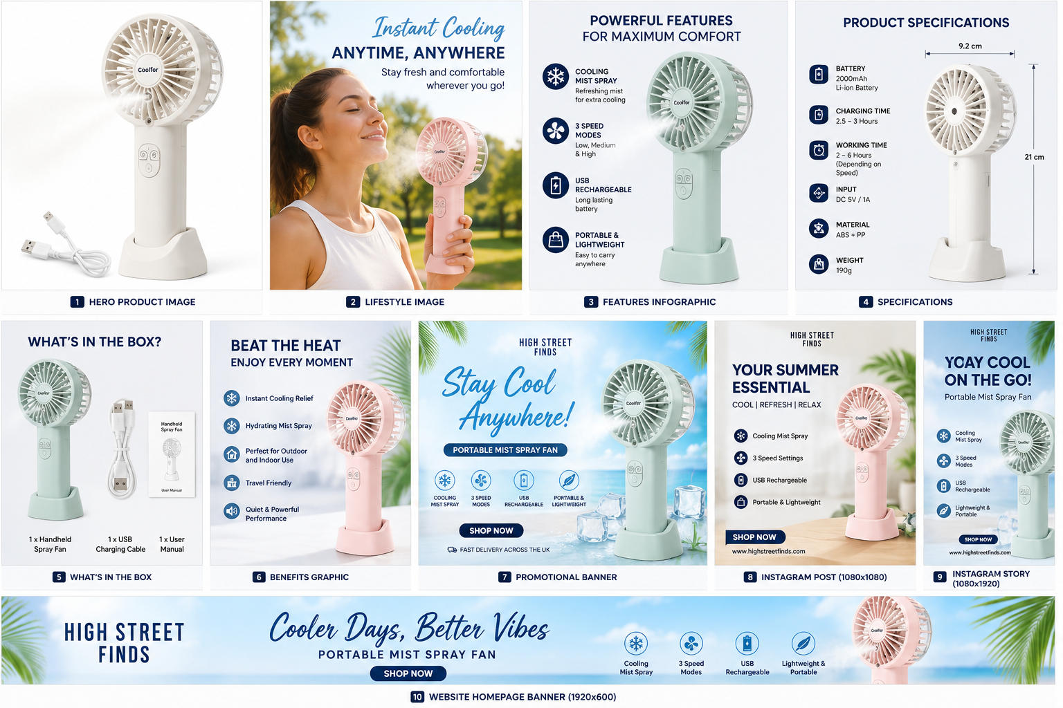 Portable Rechargeable Handheld Mist Spray Fan | USB Cooling Fan with 3 Speed Settings