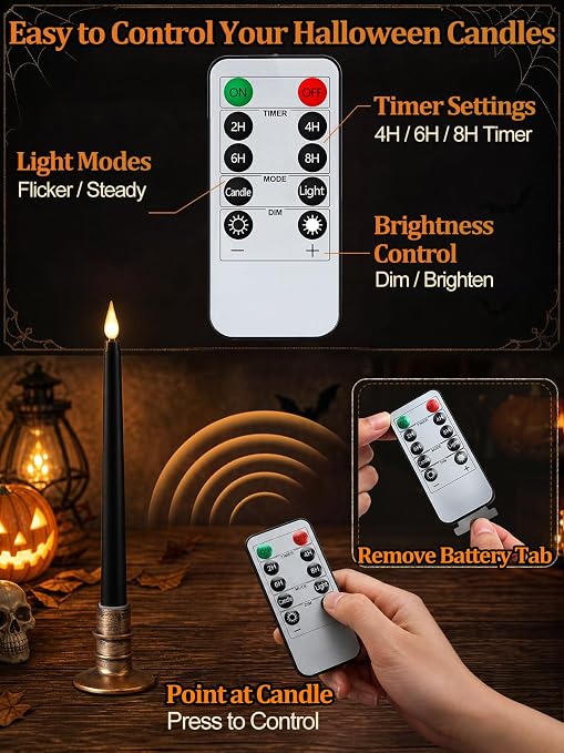 6-Pack Black LED Flameless Taper Candles with Remote